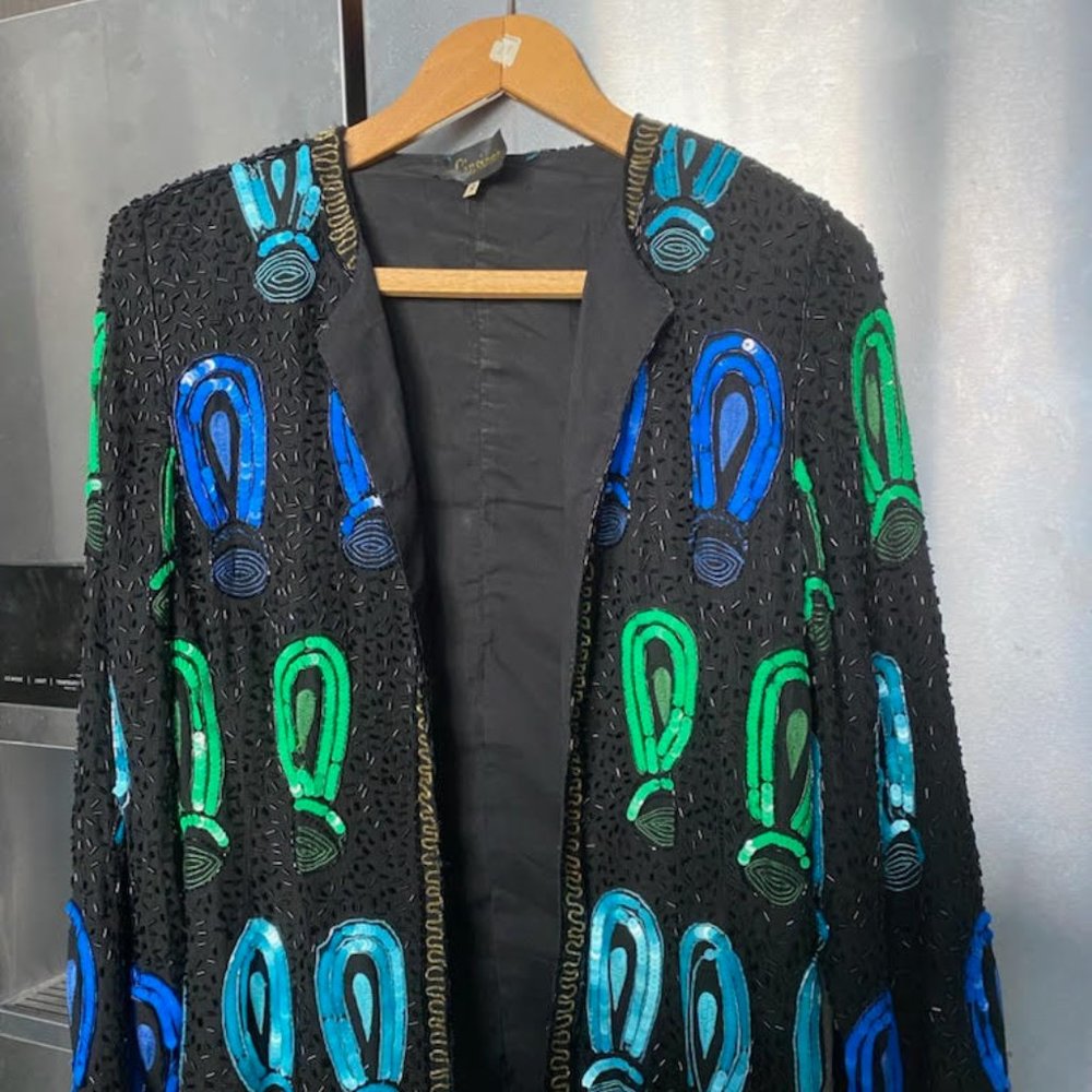 VINTAGE LINSIANO SEQUINS  EMBROIDERY SILK LADIES  JACKET SIZE 12